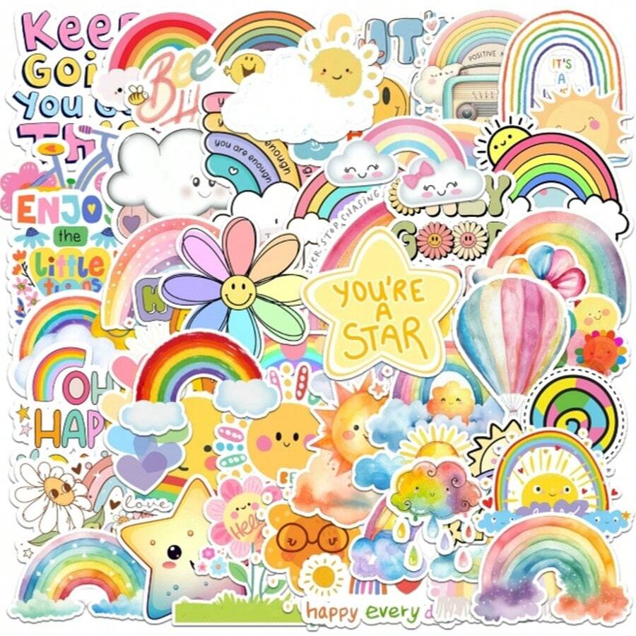 50pcs Sun Cloud Flower Rainbow Stickers, Ins Style Fresh Design, Decorative Stickers For Notebook, Helmet, Luggage, Water Bottle, Tablet, Phone DIY School Supplies - 50PC - View 1