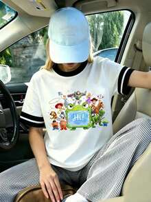 Disney 2026 New Fashion Patchwork Women's T-Shirt T"Toy Story 5" Whole Family Is Going Out Print T-Shirt, Everyday Versatile, Suitable For All Seasons - 黑+白 - 查看 2