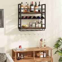 3-Tier Wall Mount Wine Rack, Wooden Metal Bottle Display Shelf With 2-Row Glass Holder And 4 Hooks, Multi-Purpose Rack For Home Bar, Kitchen, Living Room, Rustic Brown And Black - Brown - View 4