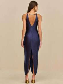 Long Party Dress With Fringe, Halter Neckline And Back Slit - Blue - View 4