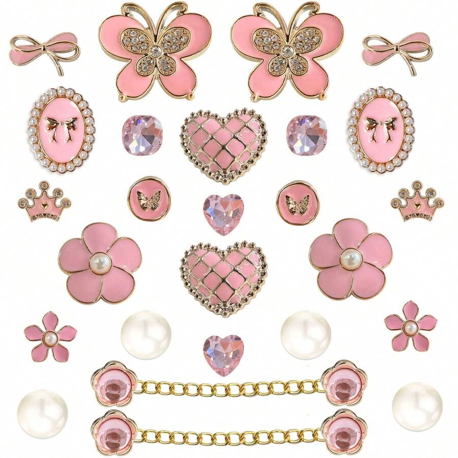 26pcs Set French Elegant Bowknot & Flower Decorative Buttons For DIY Sandals - Pink - View 1