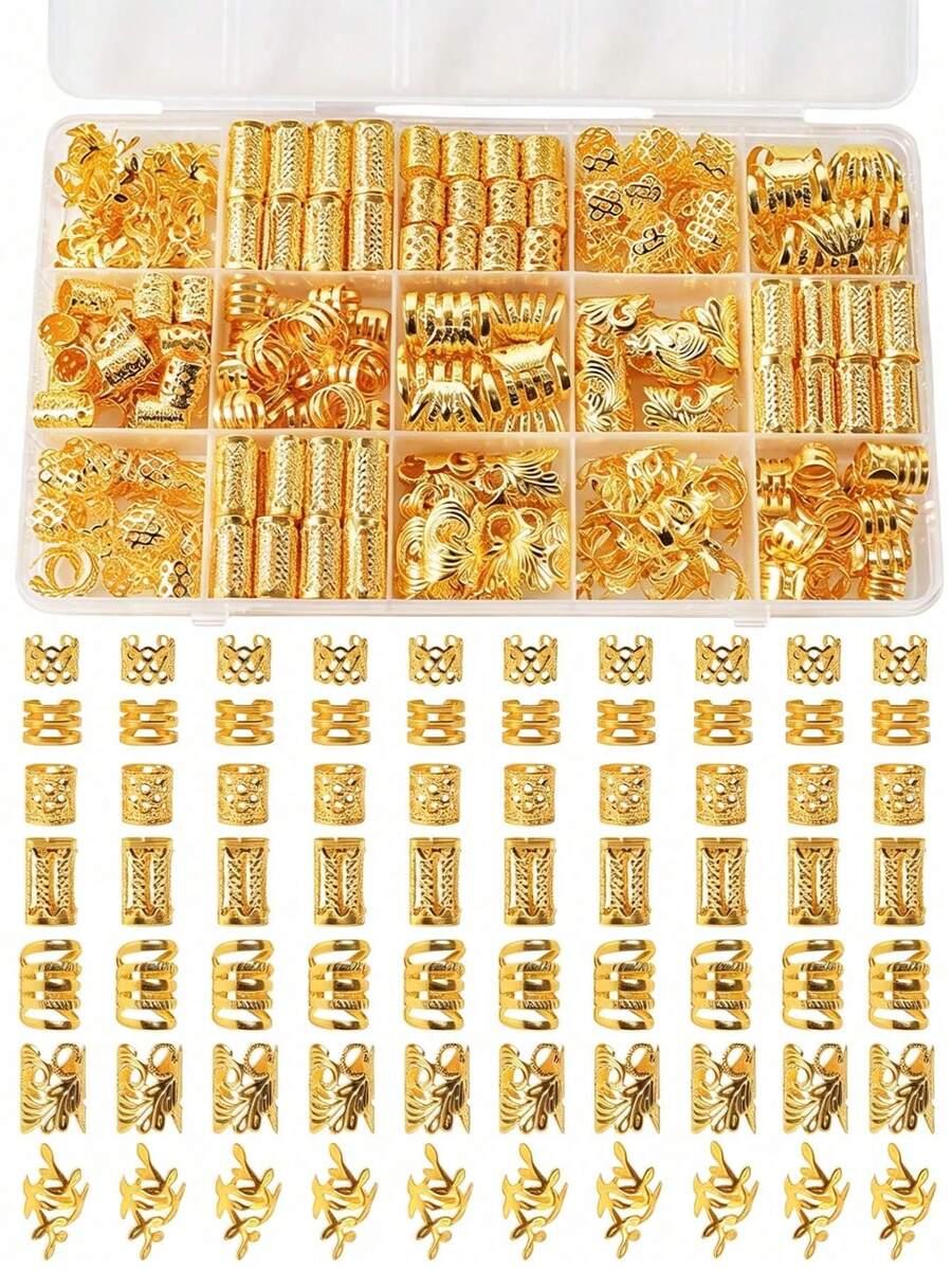 70件組復古波希米亞風合金髮環套組,鏤空圓形髮飾,適合女性與女孩,優雅純色編髮飾品,DIY髮型設計,抓夾 - 金色 - 查看 1