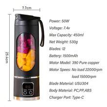 小型家用 USB 充電便攜式果汁機，易清洗，7.4V，適合果昔、奶昔與新鮮水果飲品，附數位顯示螢幕，不鏽鋼刀片，適合居家、辦公室、旅行，迷你果昔攪拌機 - 彩色 - 查看 9