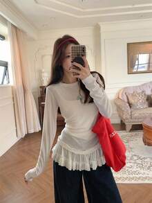 Women's Autumn Ballet Style Lace Hem Long Sleeve T-Shirt, Chic Slimming Layering Base Top White - White - View 4