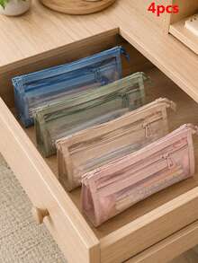 Tempat Pensil Jala Warna Polos (4 buah/1 buah) - Tas Penyimpanan Alat Tulis Minimalis Transparan Bentuk Segitiga dari Nilon dengan Resleting Ganda, Kapasitas Besar, Cocok untuk Siswa Kembali ke Sekolah, Kantor, dan Penggunaan Ujian. - A - View 12