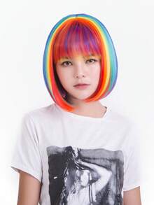 Rainbow Gradient Bob Wig With Bangs, Colorful Design For Festival, Party, Anime Convention, Cosplay, Funny And Eye-Catching Atmosphere Costume Headwear - View 9