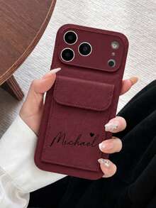 Luxury Customized Name Litchi Texture Phone Case, Compatible With 18 17 16 15 14 13 12 11 Pro Max 14 15 16 Plus 17, Fashionable DIY Gift Phone Case, Phone Accessories, Personalized Gift - Burgundy - View 2