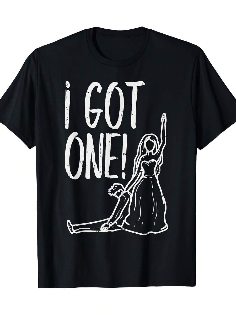 1pc 100% Cotton Women's Crew Neck Tee, Just Married Bride & Groom Print Casual Top For Wedding, Bachelorette, And Bridesmaid Gift
