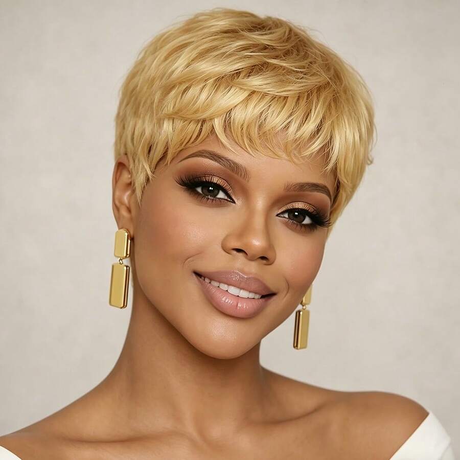 27# Color Layered Straight Human Hair Wig For Woman Short Straight Pixie Cut Human Hair Wig With 150% Density Elastic Net Cap Human Hair Wig For Party Use & Daily Wear - S27 - View 1