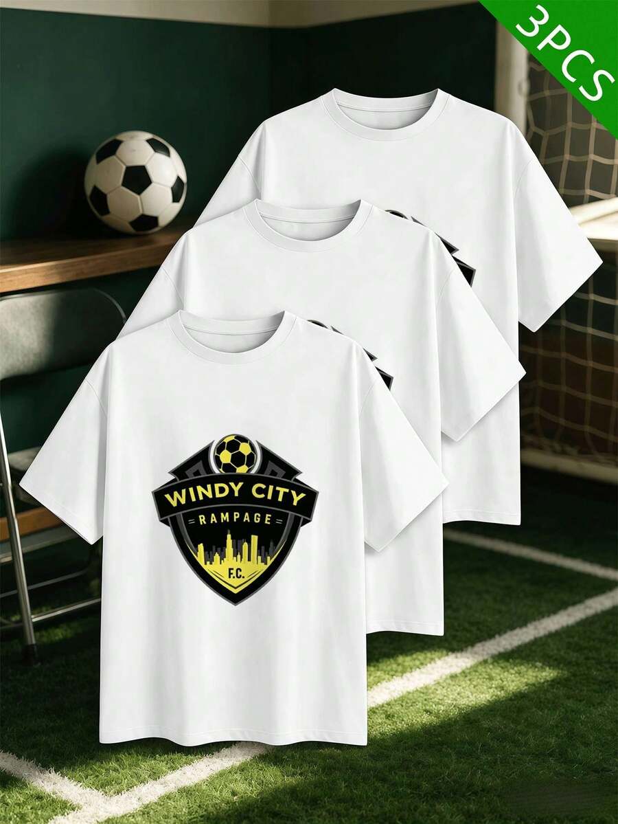 3er-Pack Fu?Ball-T-Shirts Für Herren Aus Premium-Baumwolle, Bequeme Passform, L?Ssig, Komfortabel, Auff?Lliger Aufdruck - 白色 - 查看 1