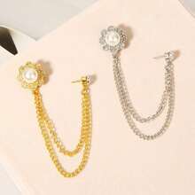 1pc Fashionable Elegant Rhinestone Flower Brooch With Double Layer Metal Chain Lapel Pin, Suitable For Business Suits, Banquets, Parties, Weddings, Formal Occasions, Clothing Accessories, Birthday, Holiday, Also Can Be Used As A Gift - Multicolor - View 2