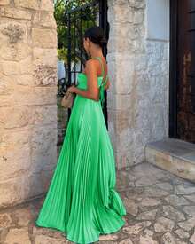 Women's Pleated Halter Neck Maxi Dress, Crisscross Straps Cutout Waist Evening Gown - 綠色 - 查看 3