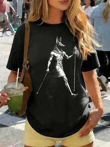 Camiseta de mujer con estampado de Anubis egipcio, de algodón suave, cuello redondo, corte holgado y cómoda. - Negro - Ver 1