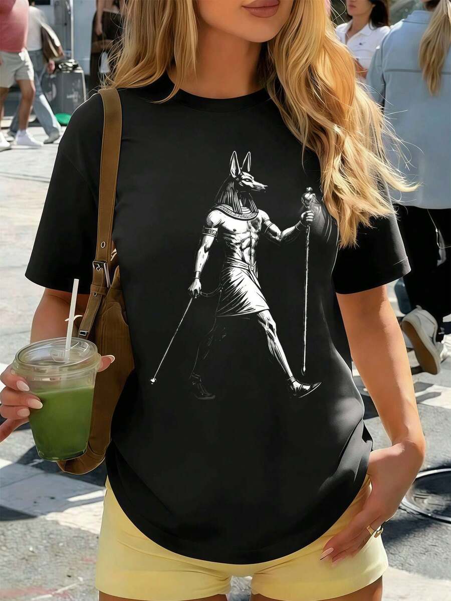 Camiseta de mujer con estampado de Anubis egipcio, de algodón suave, cuello redondo, corte holgado y cómoda. - Negro - Ver 1