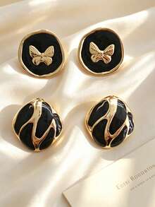 Butterfly Geometric Color-Blocked Stainless Steel Earrings. Thick, Shaped Earring Posts Perfect For Birthdays, Valentine's Day, Dates, Island Vacations, School, Commuting, And More. Also Suitable For Working Professionals, Everyday Wear, Dates, And Short Trips. - Multicolor - View 4