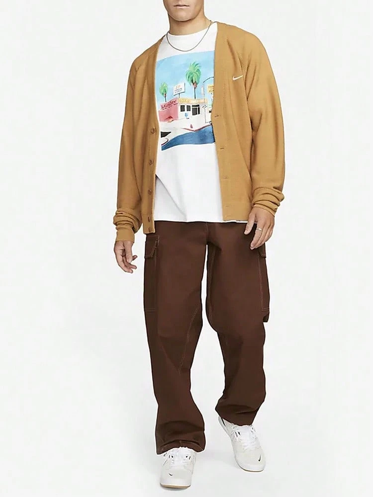Nike Solid Color Logo Embroidered V-Neck Single-Breasted Long-Sleeved Knit Sweater, Men's, Yellow. - Yellow - View 1