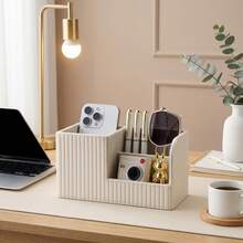 Fashionable PU Leather Storage Box With 3 Compartments, PU Leather Storage Rack, Storage Box, Media Accessory Storage, Desktop Organizer, Suitable For Home Office Desk Accessories, Multifunctional Stylish Bedside Desk Organizer - Multicolor - View 3