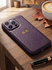 客製化手機殼，相容 iPhone 17 16 15 14 13 12 11 Pro Max、17 Air、16 15 14 Plus，相容 Galaxy S25 S24 S23 S22 Ultra Plus，個性化縮寫姓名殼，3D DIY 刻印金色字母，燙金工藝 PU 皮革背蓋，奢華經典商務 PU 皮革手機殼，節日禮物送給愛人、朋友、家人與自己 - 紫色 - 查看 4