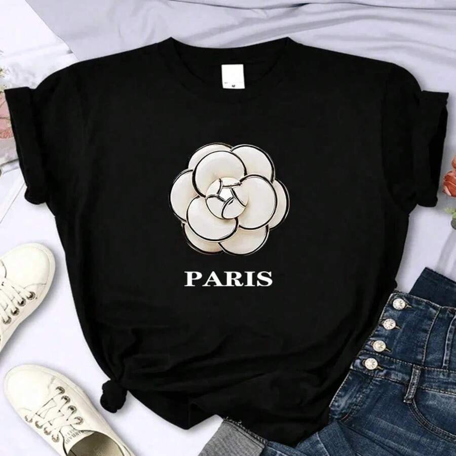 Camiseta gráfica de marca de lujo con estampado floral para mujer, talla S, alta calidad, verano, estampado, informal, oversize, estilo Y2K, personalitvintage - Negro - Ver 1