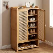 Wooden Shoe Rack With 2 Doors And 7 Shelves, Bamboo And Rattan Shoe Organizer For Hallway, Compact Shoe Rack For Small Spaces (60x32x93 Cm) - Black - View 3