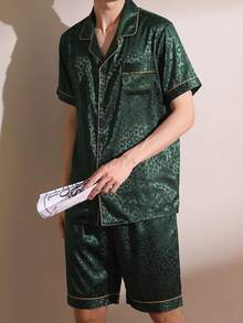 2件組男士短袖絲綢薄冰絲夏季開襟衫翻領黑色豹紋家居服套裝 - 墨綠色 - 查看 5