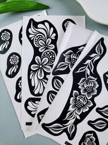 4pcs Symmetrical Floral Henna Tattoo Stencils, Hollow Floral Hand-Drawn Stickers, DIY Henna Paste Templates, Exotic Style Temporary Tattoo Designs For Wedding Hands And Feet - Black - View 5