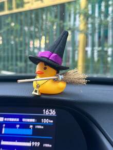 1pc Car Dashboard Ornament, Halloween Theme Rubber Duck With Witch Hat, Broom And Bell, Creative Desktop / Home Decor Figurine, Fun Halloween Gift - Car Ornaments - View 4