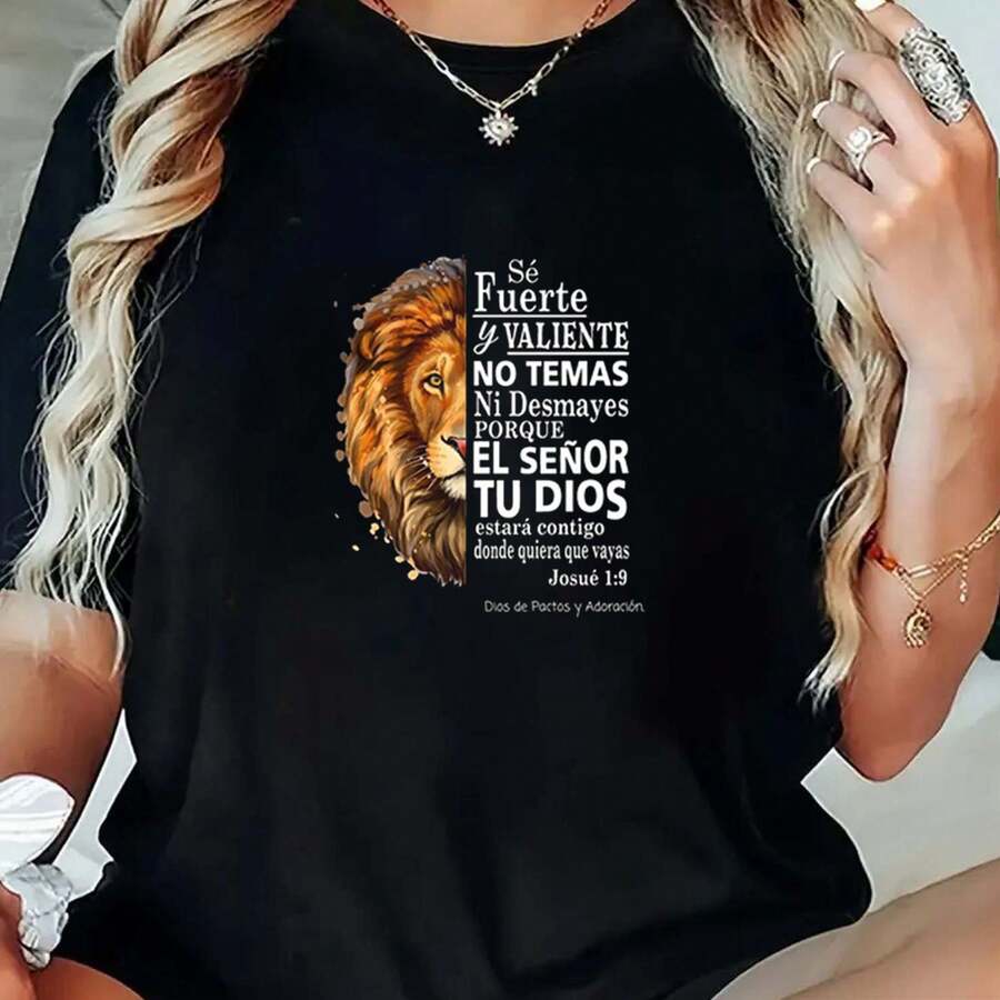 1 Blusa para Mujer, Preciosas Blusas de Moda para Mujer, Ropa de Mujer comndoG Blanco y Negro León y Fe, Diseño Religioso, Impresión de Alta Calidad, - Negro - Ver 1