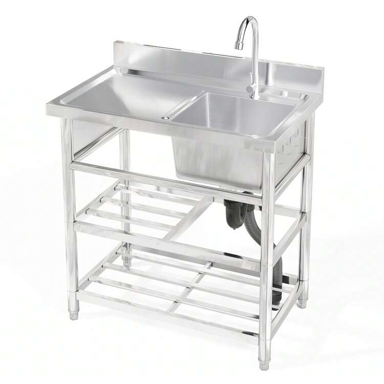 Freestanding Stainless Steel Sink For Outdoor Use, 60x60cm, With Tap And Drain, Including Shelf, Spacious Single-Basin Design, Suitable For Kitchen, Garden, Workshop And Commercial Use - Silver - View 10
