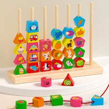 Wooden Shape Sorting & Stacking Toy, Educational Blocks For Kids, 6-Column Design, Color Matching & Animal/Fruit Recognition, Preschool Learning Toy For Children 3+, Birthday And Christmas Gift - Multicolor - View 10