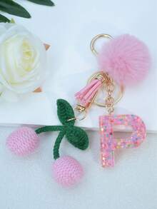 1pc Resin Starry Sky Epoxy English Letter Keychain With Tassel And Black Fur Ball Decoration, Heart Pendant Gift For Friend And Mom - Baby Pink - View 34
