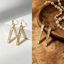Hammered Gold Long Bar Pendant Earrings - Nickel-Free High-Polished Material Minimalist Vintage Texture. Suitable For Couples. Valentine's Day. Christmas Gift. All Seasons - Earrings - View 4
