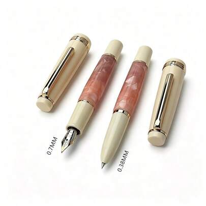 Jinhao Short 82 Fountain Pen Pink Marble Acrylic & Ivory White Barrel Gold Trim M Nib Smooth Writing Business Office School Signature Pen
