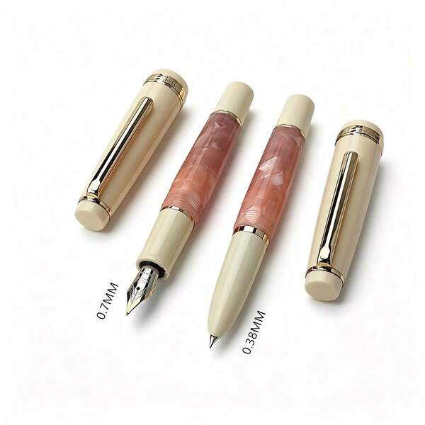 Jinhao Short 82 Fountain Pen, Pink Marble Pattern Acrylic And Ivory White Barrel, Gold Decoration, M Nib, Smooth Writing, Business Office School Signature Pen
