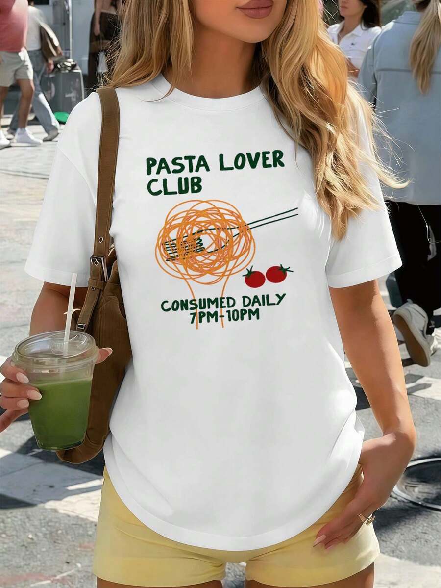 T-shirt da donna con motivo a pasta, tessuto di alta qualità, vestibilità comoda, look casual, stampa grafica unica - Bianco - Visualizzare 1