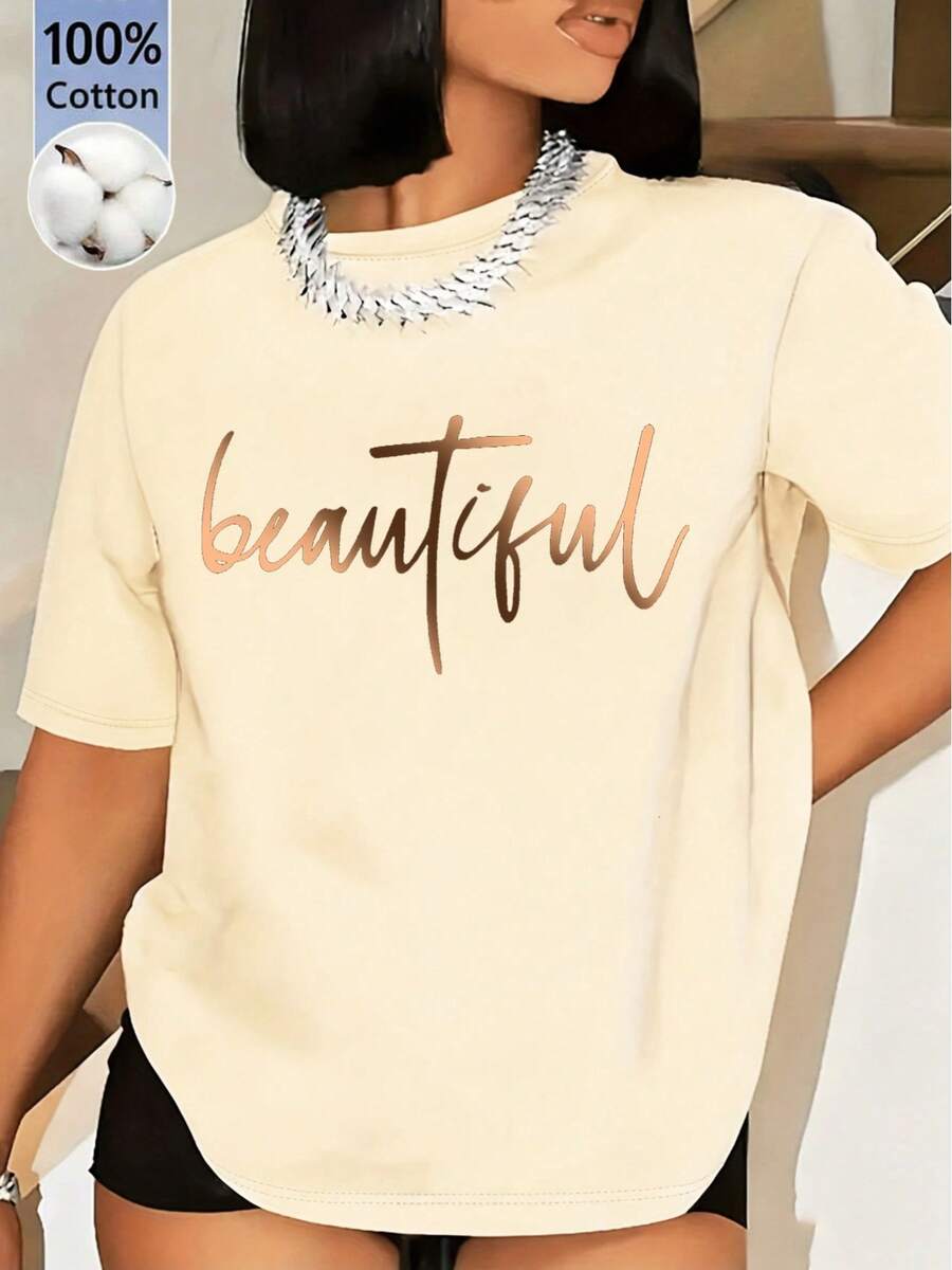Soft 100% Cotton T-Shirt With Letter Print, Round Neck, Short Sleeves For Women, Suitable For Summer Vacation, New Year's Gifts, Valentine's Day Gifts, Daily Wear, Sa - 杏色 - 查看 1