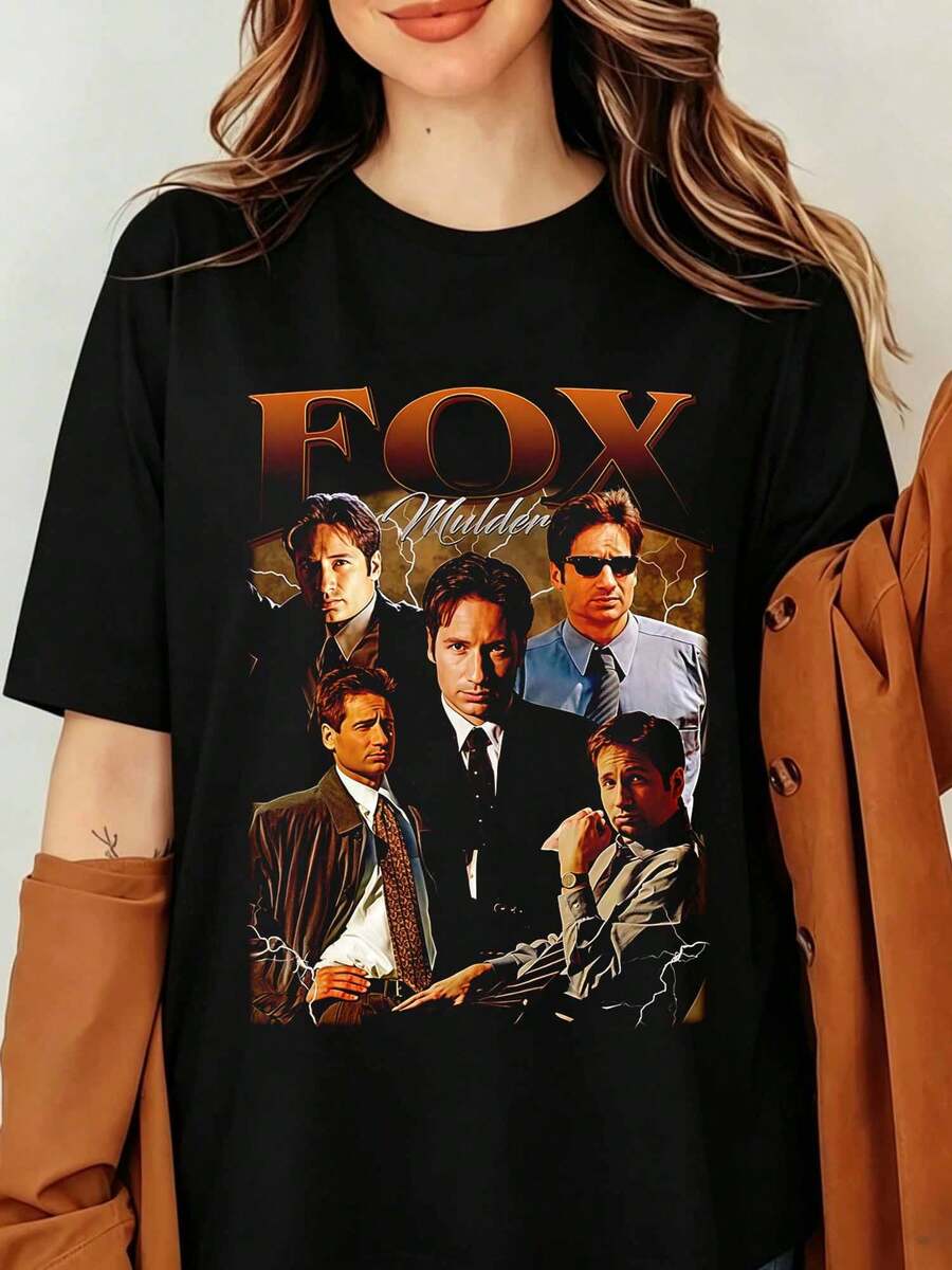 Fox Mulder Print Bootleg Vintage The X Filess The Truth Is Out There Graphic T-Shirt Fan Gift Unisex Crew Neck Short Sleeve Cotton T-Shirt - Black - View 1