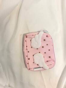 Estilo japonés & coreano de nicho, tarjetero de doble capa con lindo estampado de lunares, monedero pequeño, bolsa de almacenamiento portátil fresca de alta estética - Rosa - Ver 6