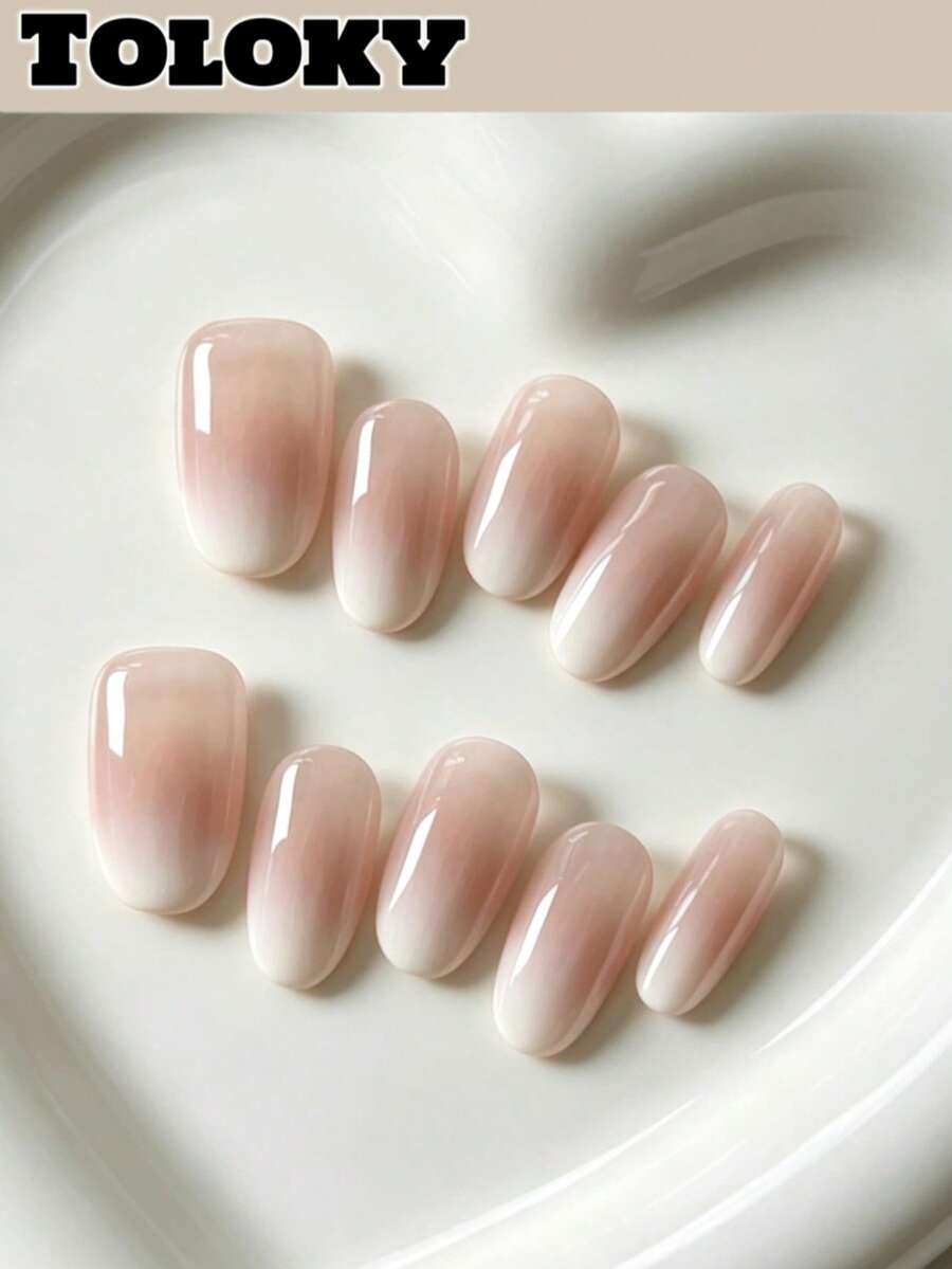 Toloky 10pcs Medium Oval Nude Pink White Gradient Press On Nails, Glossy Natural Milky Ombre Fake Nails, Simple Elegant Minimalist Coquette Handmade Reusable False Nail Tips Office Daily Bridal Manicure Music Festivals Back To School Y2K Summer Nails - Multicolor - View 1