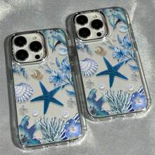 1pc Blue Starfish Shell Flower Painted Pattern Premium Frame Full Coverage Lens Anti-Drop TPU Fashion Phone Case Compatible With IPhone 11 12 13 14 15 16 17 Pro Max/Plus 7/8/XR Shockproof Protective Cover - Multicolor - View 4