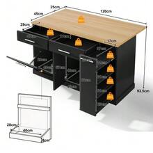 Kitchen Island On Wheels With Fold-Down Worktop, Serving Cart With Bin, 4-Tier Spice Rack, 2 Drawers And Lockable Casters, 120 * 45 (70) * 93 Cm - 黑色 - 查看 6