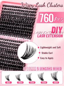 MEM 720pcs Fluffy Single Cluster False Eyelashes Book, Mixed Length Fine & Thick Stem Lashes, Mixed Density, Soft Reusable Comfortable Set, Includes Glue, Remover And Tweezers, Suitable For Beginners To Create Cat Eye And Round Eye Looks - 黑色 - 查看 2