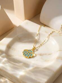 1pc Ocean Series Blue Crystal Decor Shell Heart Pendant Necklace, Suitable For Teens, Friends, Sisters, Summer Beach Party, Holiday Vacation, School Daily Casual, Jewelry Accessory, Birthday Gift, Back To School Season - Gold - View 3