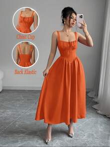 Women's Plain Red Maxi Dress For Summer 2025, Perfect For Valentine's Day Or Holidays, Featuring Ruffles At The Front, A Bow, An Asymmetrical Neckline, And A Slimmed Waist - 焦橙色 - 查看 12