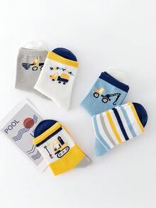 5 Pairs Boys' Cartoon Construction Vehicle Pattern Mid-Calf Socks, Outdoor Casual Sports Socks, Boys' Socks, Student Socks, Elastic Cuff, Fun Children's Outfit - Multicolor - View 2
