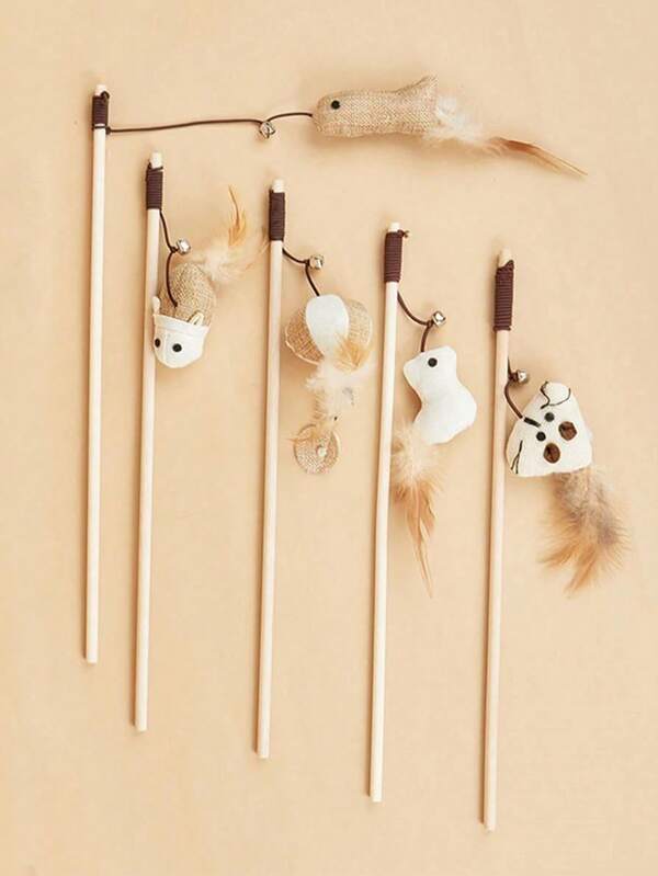 1pc Wooden Cat Teaser Wand With Mouse Bell, Random Style, Interactive Cat Toy