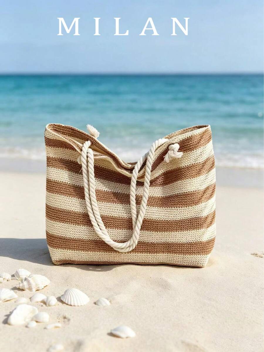 2026 Summer Slouchy Straw Woven Knot Design Beach Tote Bag For Women, 1 Piece, Versatile Large Capacity Storage, Travel Essential - Brown - View 1