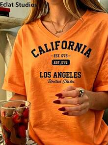 Women's Vintage California Los Angeles Graphic T-Shirt - Casual Round Neck, Short Sleeve, Cotton, Machine Washable, EST 1776 Print2025 - 橘色3 - 查看 4