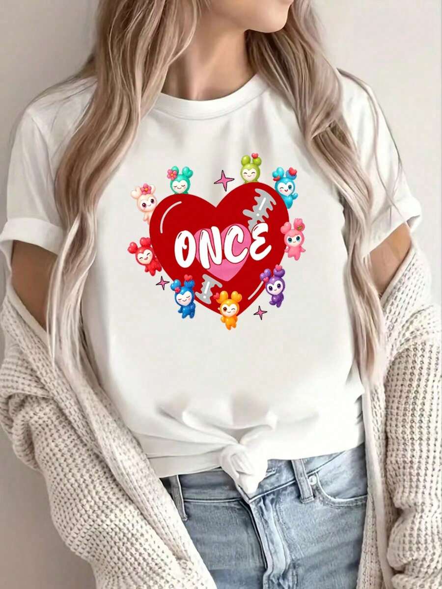 Casual Blouses For Women. Fashionable Women's Clothing, A Loose-Fitting T-Shirt With The Print "ONCE", Which Is The Official Name Of Twice's Fans, Combined With 9 Colorful Cartoon Images. - 白色 - 查看 1