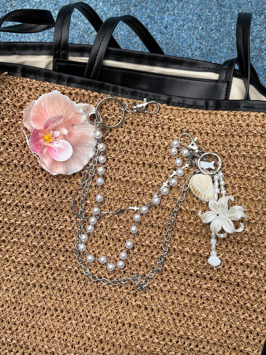 1件優雅蘭花與百合花珍珠珠鑰匙圈包包吊飾 手作花卉錢包配件 女款 送禮給她的禮物 - 彩色 - 查看 1